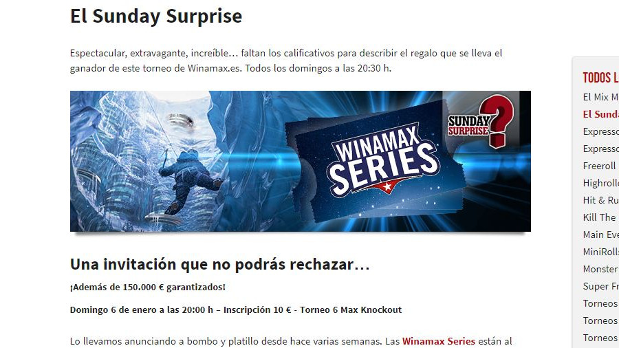 El Sunday Surprise entrega un paquete de entradas para las Winamax Series al ganador