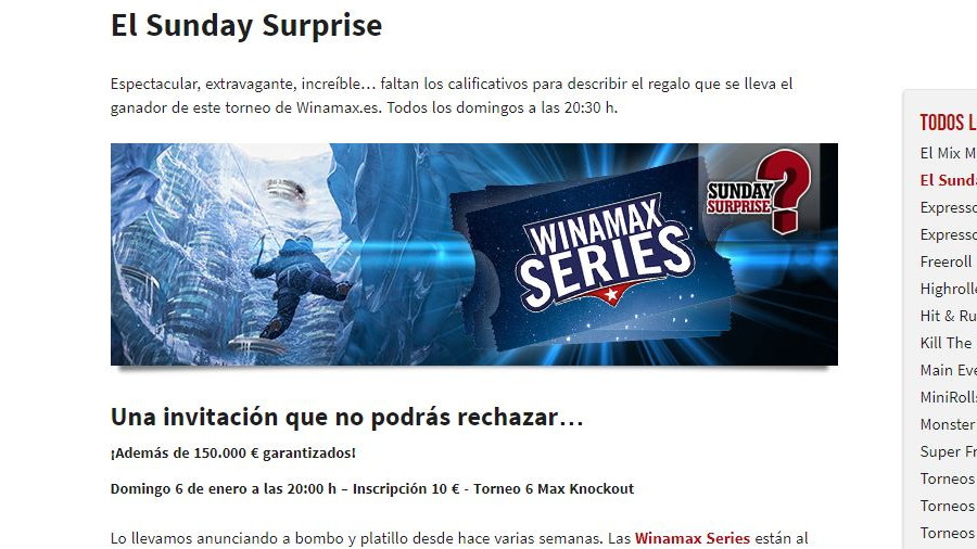 El Sunday Surprise entrega un paquete de entradas para las Winamax Series al ganador El Sunday Surprise entrega un paquete de entradas para las Winamax Series al ganador